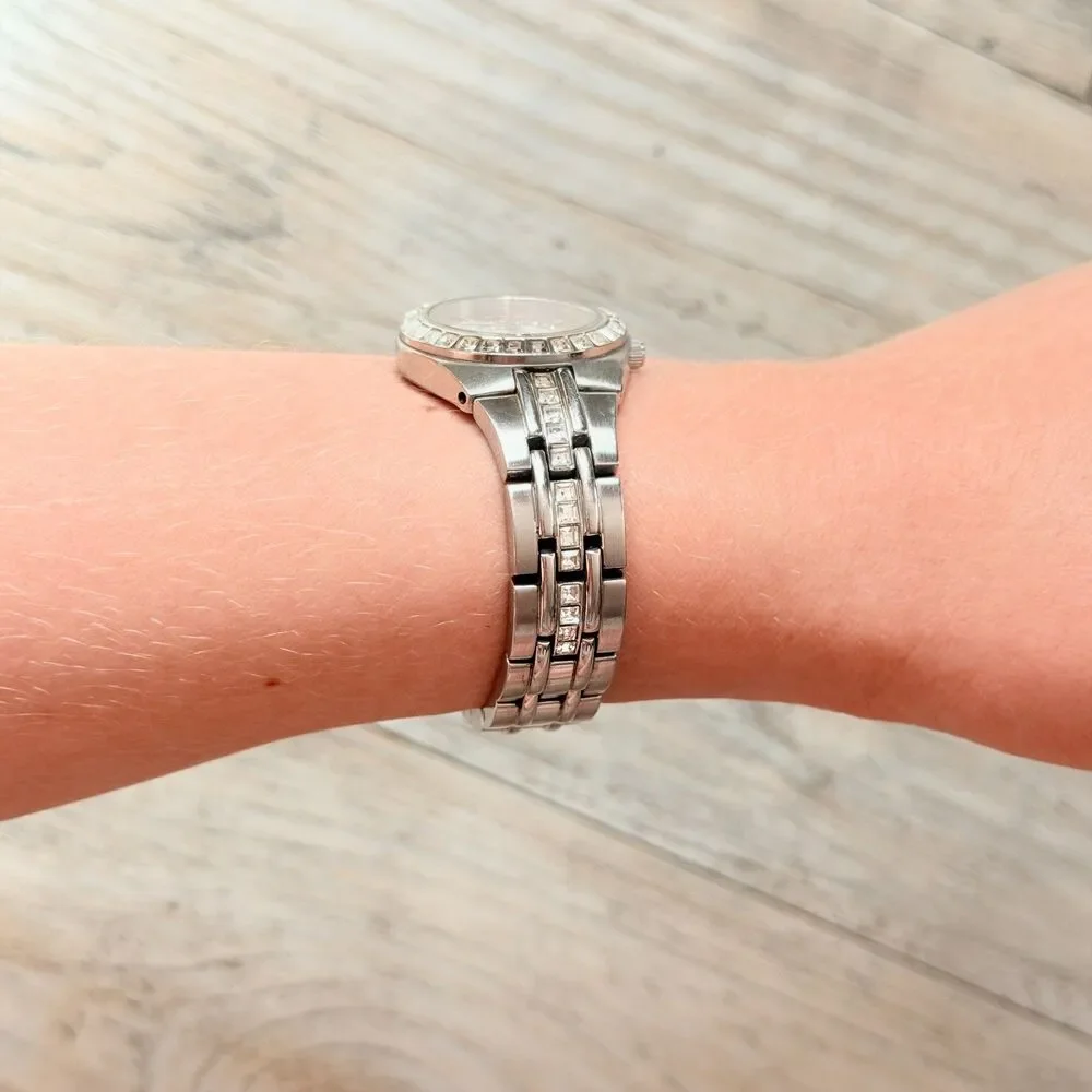 Relic Pink Dial Silver Tone Rhinestone Watch Y2K Glam Crystal Bracelet Date